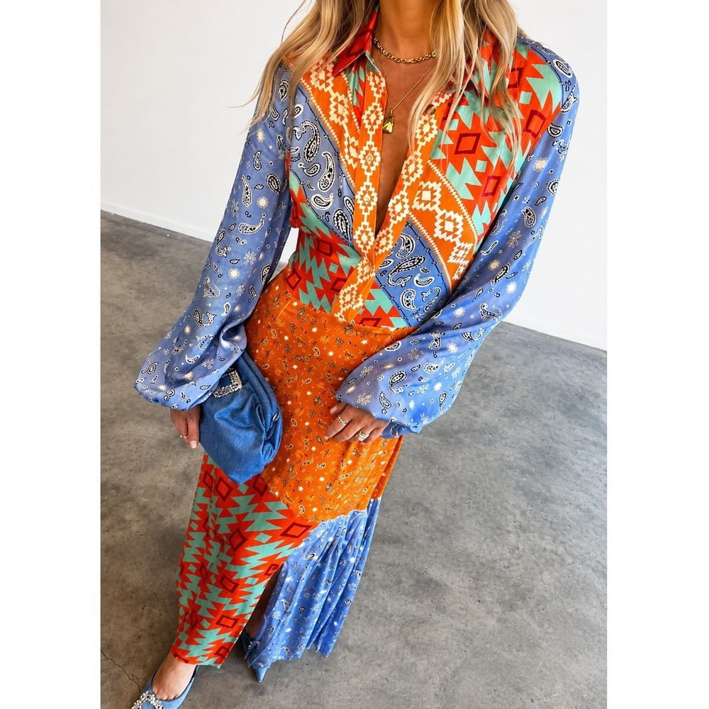 NEW Never Fully Dressed Blue Clash Effie Shirt Maxi Dress Patchwork Boho Size 16 - Picture 2 of 12